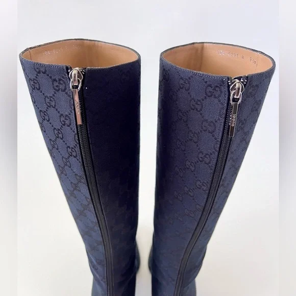GUCCI || Vintage Y2K GG Monogram Canvas Square Toe Block Heel Knee High Boots - Picture 10 of 16